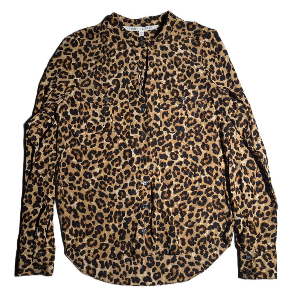 Veronica Beard Ann Beige Leopard Print Silk Keyhole Neck Button Blouse Sz 2